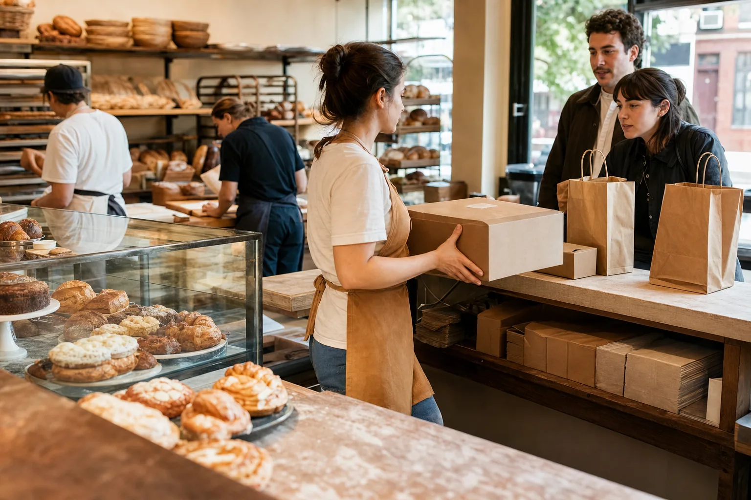 A bakery worker brings a boxed cake to a separate pickup counter beside the pastry case