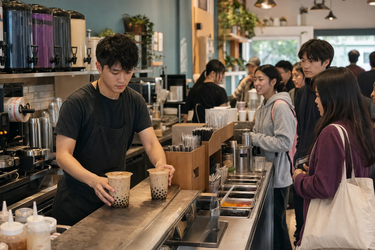 A boba maker places two sealed milk teas at the pickup ledge while customers wait